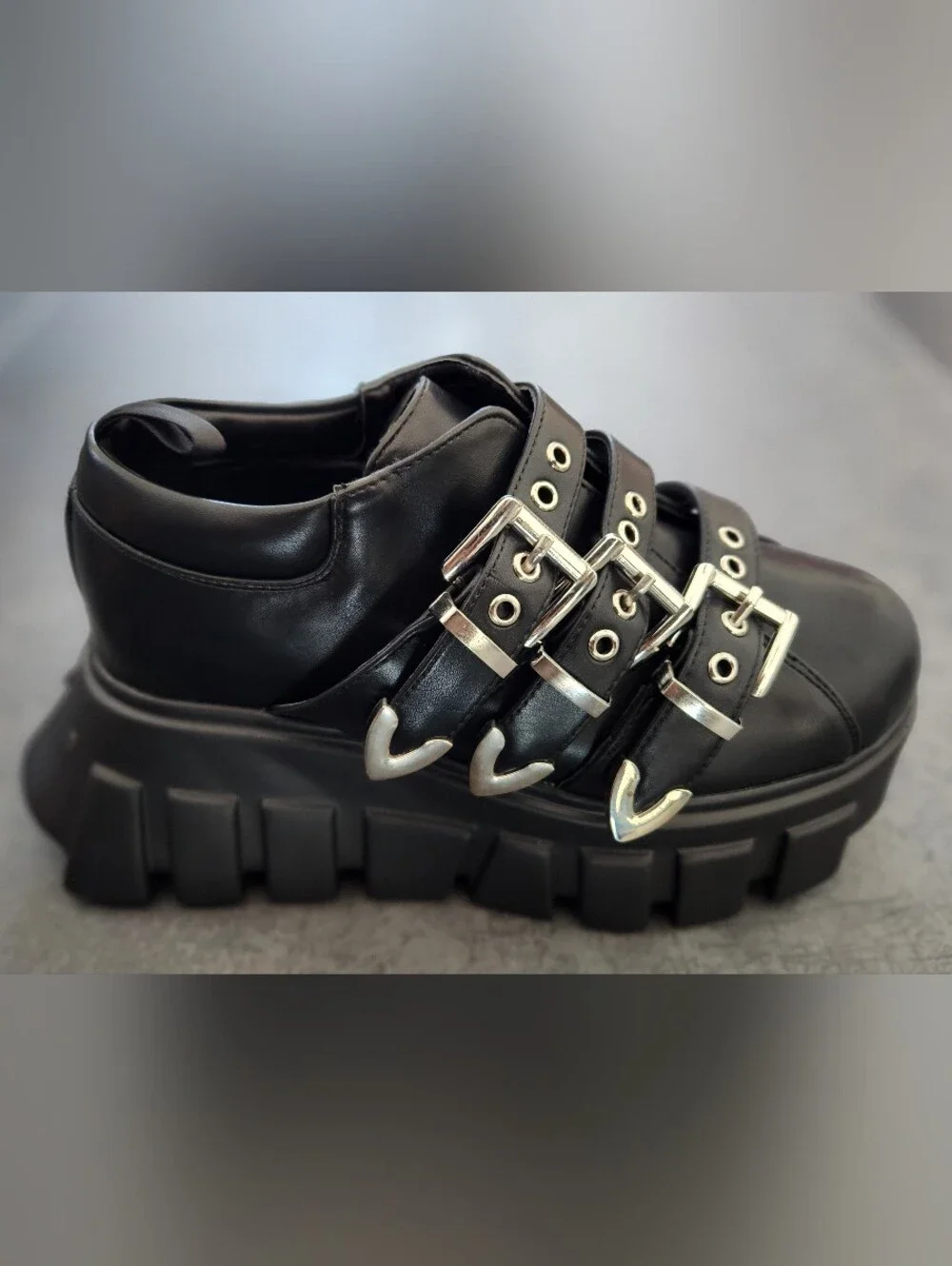 LAMODA Black Triple Buckle Chunky Platform Shoes